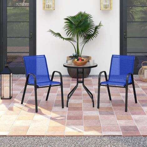 GOPLUS Salon de Jardin Extérieur 2 Personnes avec 2 Fauteuils et Table Basse, Salon de Balcon avec Plateau en Verre Trempé, Cadre Métallique, Table et Chaises d'Extérieur pour Terrasse (Blue)