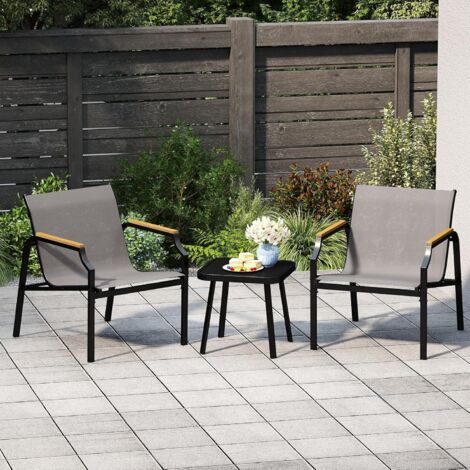 GOPLUS Salon de Jardin Exterieur 2 Personnes, Table Basse en Verre Trempé avec Chaises en Tissu,3 Pcs Salon de Bistro Extérieur Moderne pour Balcon, Jardin, Bord de Piscine