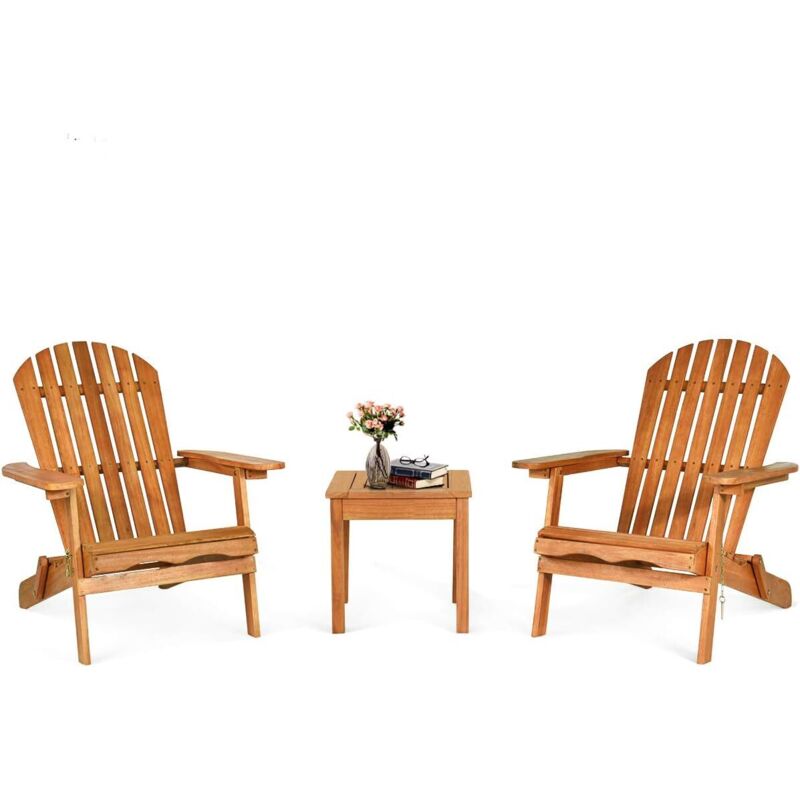 GOPLUS Salon de Jardin Exterieur 2 Personnes, Table Exterieur avec 2 Chaises Adirondack Pliantes 3 Pièces en Bois Eucalyptus, 2 Fauteuils Adirondack,