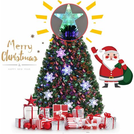 Goplus – Sapin de Noël artificiel 120 cm – 125 branches en PVC – 18 flocons de neige – Étoile au sommet – Fibre optique lumineuse