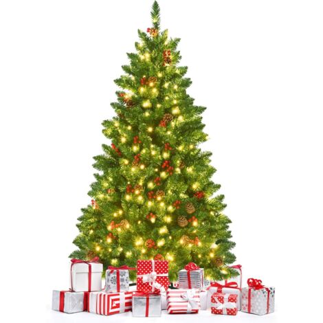 GOPLUS Sapin de Noël Artificiel 135CM Lumineux,LED Blanche Chaude,Branches Ignifuge avec Pommes de Pin et Baies Rouges,Auto-Ouvert