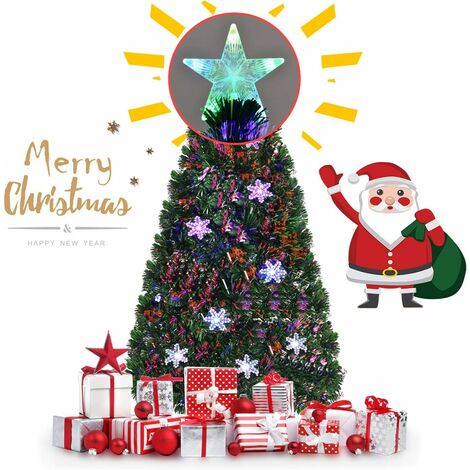 Goplus – Sapin de Noël artificiel 180 cm – 220 branches en PVC – 12 flocons de neige et étoile lumineuse – Lumières à fibre optique multicolores