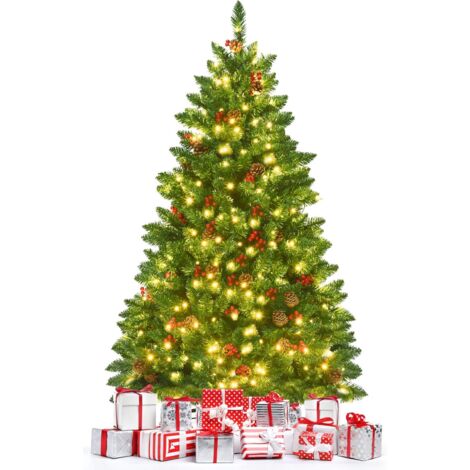 Goplus – Sapin de Noël artificiel 195 cm lumineux – LED blanche chaude – Branches ignifuges avec pommes de pin et baies rouges – Auto-ouverture