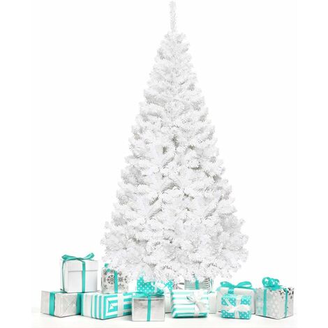 GOPLUS Sapin de Noel Artificiel avec Socle en Fer, Branches Touffues, Feuilles en PVC, Decoration de Noel, Ideal pour Suspendre Guirlande de Lumieres et Etoile, 4 Tailles au Choix, Blanc (240)