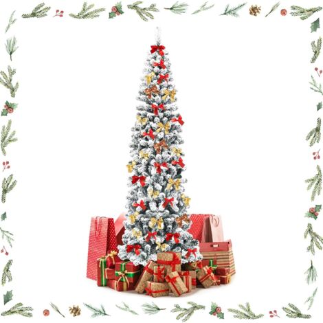GOPLUS Sapin de Noël Artificiel Enneigé Mince, 242/500/641 Branches en PVC Ignifuge, Base en Fer, Forme en Crayon, Ouvert Automatique, Arbre de Noël pour Décoration Fête de Noël, Vert Blanc (230CM)