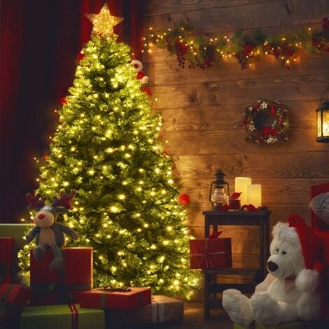 GOPLUS Sapin de Noël Artificiel Lumineux 210 CM, LED Lumière 4 Couleurs et Blanche Chaude, 11 Modes d’Éclairage, Feuilles en PVC, Socle en Fer, Ouverture Parapluie, Hauteurs différentes, Vert