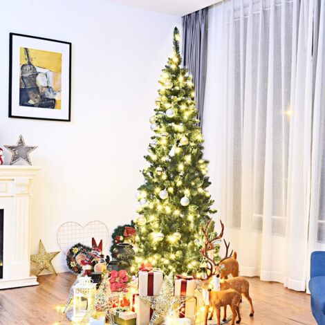 GOPLUS Sapin de Noël Artificiel Lumineux Mince, 350 LED Lumière Blanche Chaude, Branches Touffues, Aiguilles en PVC, Socle en Fer, Ouverture Parapluie, Vert (230cm)
