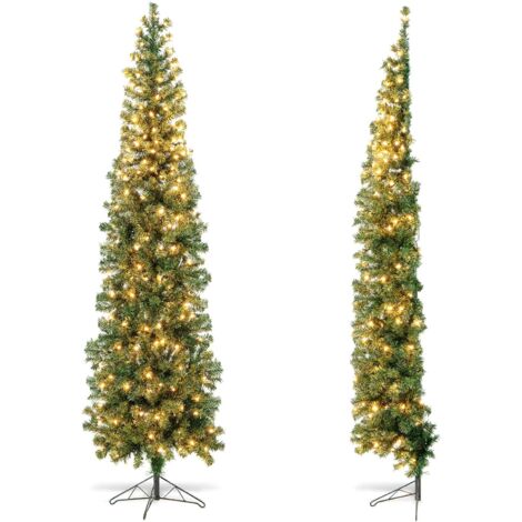 GOPLUS Sapin de Noel Moitie 210 cm, Arbre de Noel Decoration de Vacances 450 Pointes de Branche PVC 150 Lumieres LED Maison Bureau Magasin, Lumieres de Rechange et Fusible Inclus, Vert