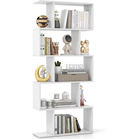 GOPLUS Scaffale a Forma di S a 5 Livelli, Scaffale Aperto con Dispositivo Anti-ribaltamento, Scaffale Divisore per Camera da Letto, Studio, Soggiorno, 70 x 23,5 x 158 cm (BIANCO)
