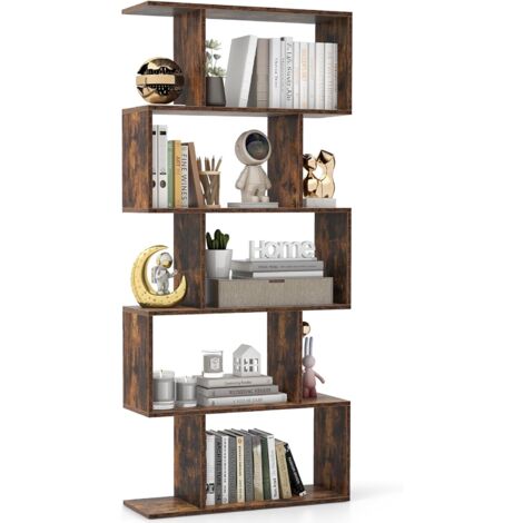 GOPLUS Scaffale a Forma di S a 5 Livelli, Scaffale Aperto con Dispositivo Anti-ribaltamento, Scaffale Divisore per Camera da Letto, Studio, Soggiorno, 70 x 23,5 x 158 cm (MARRONE)