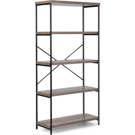 GOPLUS Scaffale da 5 Livelli con Struttura in Metallo, Dispositivo Anti-ribaltamento, Libreria Stile Industriale con Piedini Antiscivolo per Soggiorno/Camera da Letto/Cucina (Grigio)