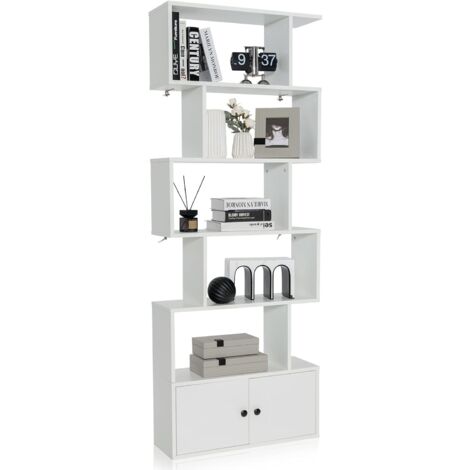 GOPLUS Scaffale Libreria a 5 Livelli a Forma di S, Mobile Alto in Legno con Dispositivo Antiribaltamento per Soggiorno, Camera da Letto, Ufficio, Stile Moderno, 70 x 23 x 183 cm (Bianco)