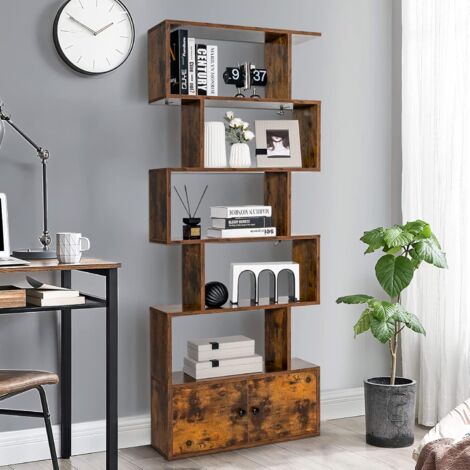 GOPLUS Scaffale Libreria a 5 Livelli a Forma di S, Mobile Alto in Legno con Dispositivo Antiribaltamento per Soggiorno, Camera da Letto, Ufficio, Stile Moderno, 70 x 23 x 183 cm (Marrone)