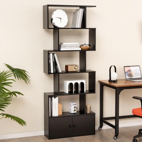GOPLUS Scaffale Libreria a 5 Livelli a Forma di S, Mobile Alto in Legno con Dispositivo Antiribaltamento per Soggiorno, Camera da Letto, Ufficio, Stile Moderno, 70 x 23 x 183 cm (Nero)