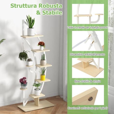 GOPLUS Scaffale per Piante a 7 Livelli, Portafiori a Mezza Luna con Gancio, Dispositivo Antiribaltamento, per Balcone, Terrazza, Giardino, 60 x 30 x 155 cm (2, Bianco)