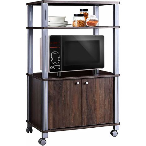 Goplus Scaffale Porta Forno a Microonde, Carrello con 3 Ripiani e Armadietto, Scaffale da Cucina con 4 Ruote, 92,85/97,65x60x39,5 cm (Marrone)