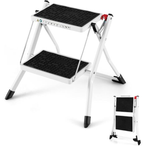 GOPLUS Scala a 2 gradini, Sgabello Pieghevole Leggero con Pedane Extra Larghe e Antiscivolo, Coperture Antiscivolo per i Piedi, Scala in Metallo Robusto per la Casa, la Cucina, Portata 150 kg
