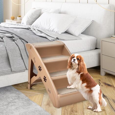 GOPLUS Scaletta Pieghevole per Animali Domestici, Scaletta a 4 Gradini per Gatti e Cani in Plastica con Rivestimento Antiscivolo, Facile da Salire e Scendere, Carico di 60 kg, 62 x 38 x 50 cm (Marrone