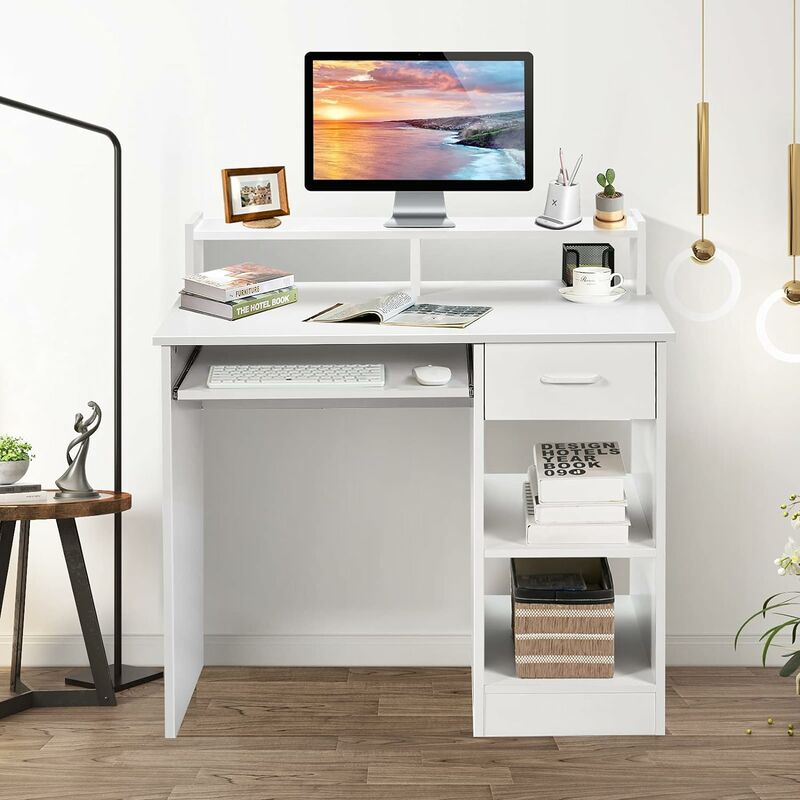 Goplus - Schreibtisch mit Tastaturauszug, Computertisch mit Regal & Ablagen & Schublade, Arbeitstisch aus Holz, mit Metall-Griff, Tisch für PC