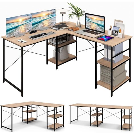 GOPLUS Scrivania a Forma di L, con Ripiani di Stoccaggio in Legno, Scrivania da Ufficio per Computer, Tavolo da Scrittura Scrivania per Studio, 242 x 60 x 75 cm (NATURALE)