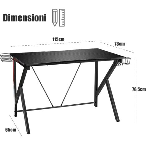 GOPLUS  Scrivania da Computer, con Gancio per Cuffie, Portabicchieri, Gambe Stabili a Forma di K, per Ufficio, Soggiorno, Camera da Letto, 115 x 73 x 76,5 cm, Nero