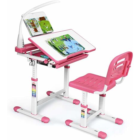 GOPLUS Scrivania Inclinabile e Sedia Regolabili in Altezza con Lampada (Rosa)