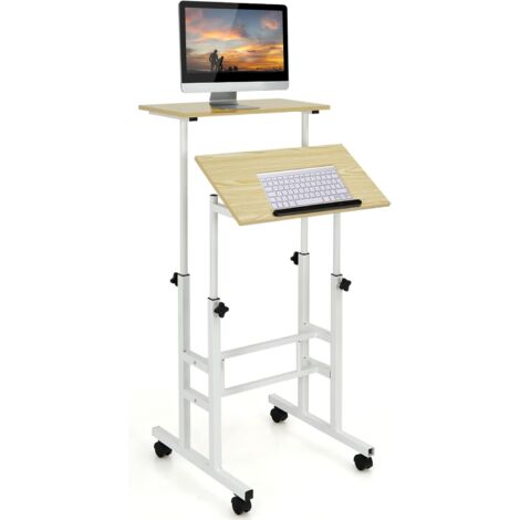 GOPLUS Scrivania Porta Computer, Tavolino con 2 Piani e Altezza Regolabile, Scrivania per Laptop Portata 20 kg, Facile da Spostare con 4 Ruote, 60x55x(72-124) cm (Naturale)