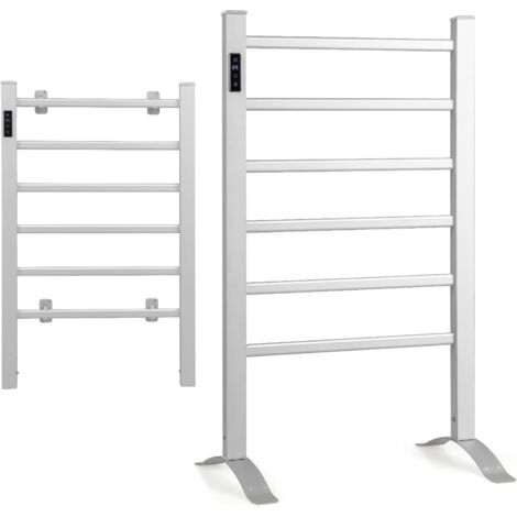GOPLUS Sèche Serviettes Électrique Mural ou au Sol à 6 Barres, Contrôle de Température 30-60℃ & Minuterie 1-8H, Chauffe-Serviettes pour Salle de Bain en Alliage d’Aluminium