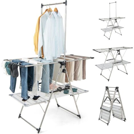 GOPLUS Séchoir à Linge Pliable, Barre de Suspension, Ailes Réglables 70-140 cm, Pinces à Chaussettes, Tissu en Maille & Crochets à Chaussures, pour Utilisation Intérieure & Extérieure