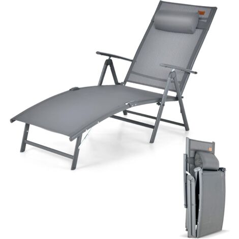 GOPLUS Sedia a Sdraio Pieghevole con Schienale Regolabile a 7 Livelli, Braccioli, Poggiatesta, Lettino Portatile con Capacità di 150 KG, Esterno per Piscina, Giardino, Terrazza (Grigio)