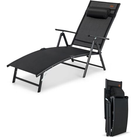 GOPLUS Sedia a Sdraio Pieghevole con Schienale Regolabile a 7 Livelli, Braccioli, Poggiatesta, Lettino Portatile con Capacità di 150 KG, Esterno per Piscina, Giardino, Terrazza (Nero)