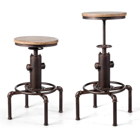 GOPLUS Sedia da Bar, Sedia con Altezza Regolabile da 60 cm a 75 cm, Sedia con Struttura Metallica, Sedia di Stile Vintage, di Ferro e Pino (Colore di Rame)