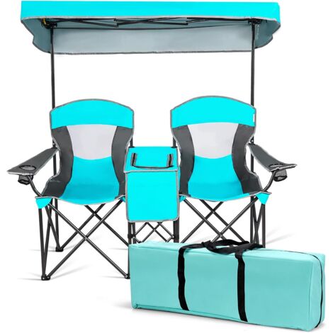 GOPLUS Sedia da Campeggio Doppia con Baldacchino Regolabile, Sedia Pieghevole a 2 posti con Mini Tavolo, Borsa Termica, 1 Tasca Frontale e 2 Porta Bicchieri, Sedia da Esterno per Picnic (AZZURRO)