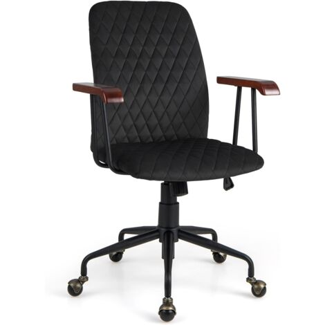 GOPLUS Sedia da Ufficio Imbottita Vintage, Sedia Ergonomica con Schienale e Braccioli in Legno di Gomma, Sedia Girevole Regolabile in Altezza con Ruote in Velluto (NERO)