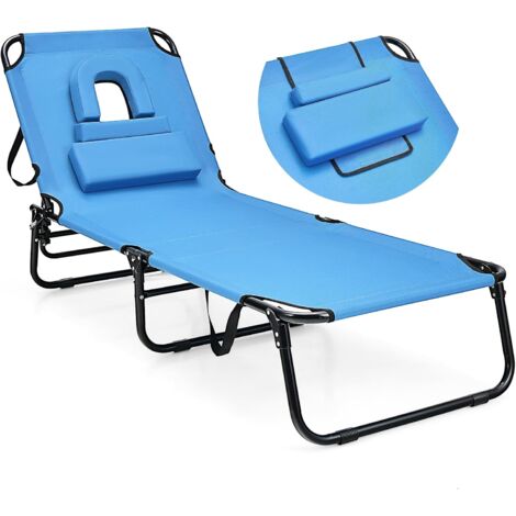 GOPLUS Sedia Sdraio Pieghevole da Spiaggia, Lettino Prendisole con Foro per il Viso e Cuscini Rimuovibili, 5 Posizioni Regolabili, Reclinabile per Spiaggia, Campeggio, Patio, 63 x 194 x 37cm (BLU)