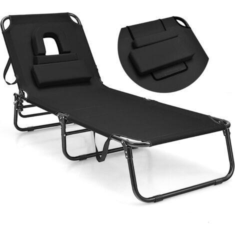 GOPLUS Sedia Sdraio Pieghevole da Spiaggia, Lettino Prendisole con Foro per il Viso e Cuscini Rimuovibili, 5 Posizioni Regolabili, Reclinabile per Spiaggia, Campeggio, Patio, 63 x 194 x 37cm (NERO)