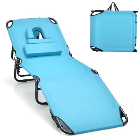 GOPLUS Sedia Sdraio Pieghevole da Spiaggia, Lettino Prendisole con Foro per il Viso e Cuscini Rimuovibili, 5 Posizioni Regolabili, Reclinabile per Spiaggia, Campeggio, Patio, 63 x 194 x 37cm (TURCHESE