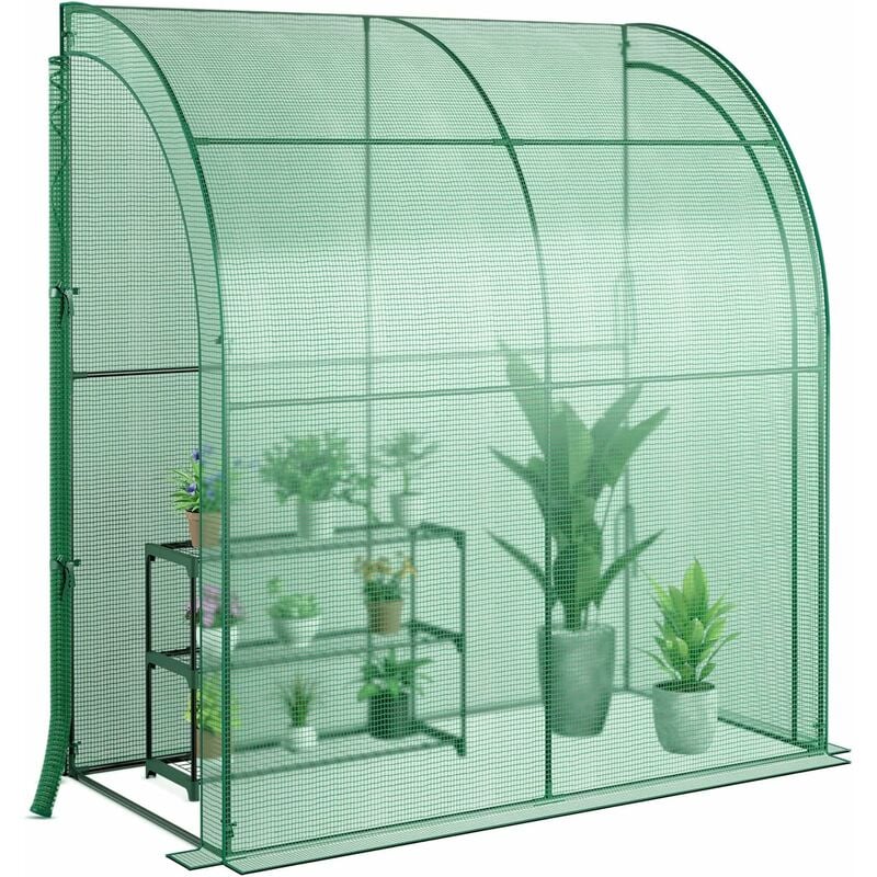 Serre de Jardin 198 x 98 x 215 cm pe Mural, étagère 3 Niveaux Inclus, 2 Portes, Structure Acier, 4 Cordes à Vent, Vert - Goplus