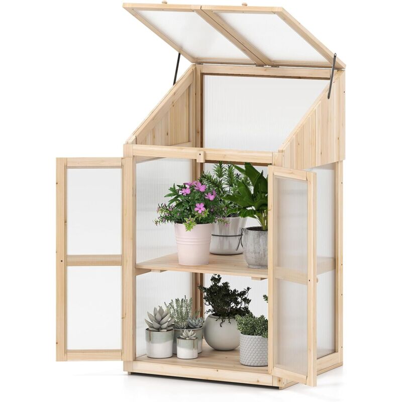 Serre de Jardin avec Cadre en Bois, Serre à 2 Niveaux avec Toit Ouvrant, 2 Étagères Amovibles, Porte Double Verrouillable avec Poignées, Armoire de