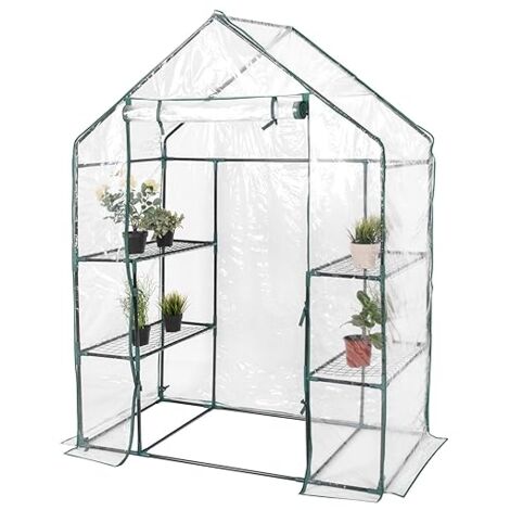GOPLUS Serre de Jardin avec Couverture en PVC, 4 Etagères pour Plantes et Porte à Glissière, 143 x 73 x 195 cm, Transparent