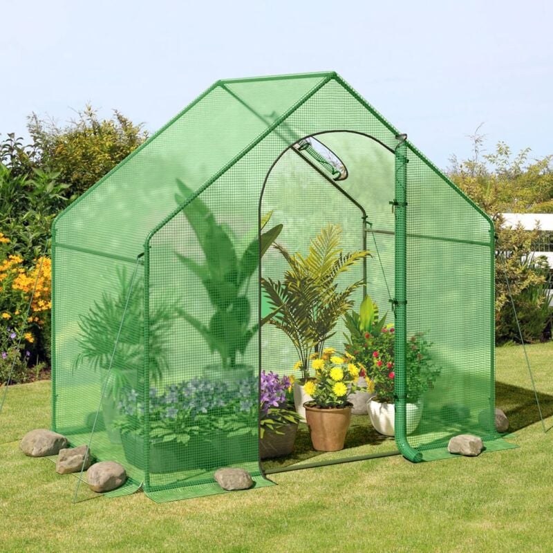 Goplus - Serre de Jardin Portable 179x100x167cm, Housse en Maille pe, Serre de Jardin avec Porte et Fenêtre, 3 Piquers de Terre et 4 Cordes à Ven,