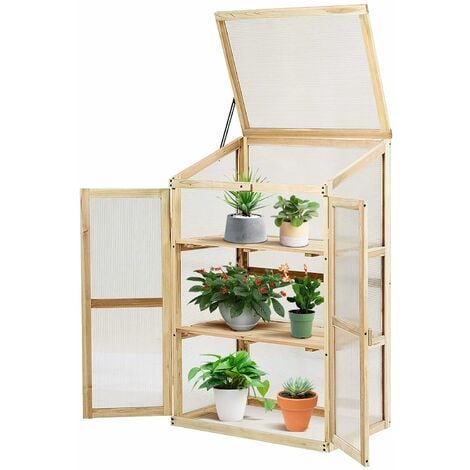GOPLUS Serre en Bois avec Vitrages Transparents Amovible en Polycarbonate, avec Ouverture Inclin��e, Serre pour Plantes et L��gumes pour Balcon Terrasse Jardin (60 x 45 x 100 cm)