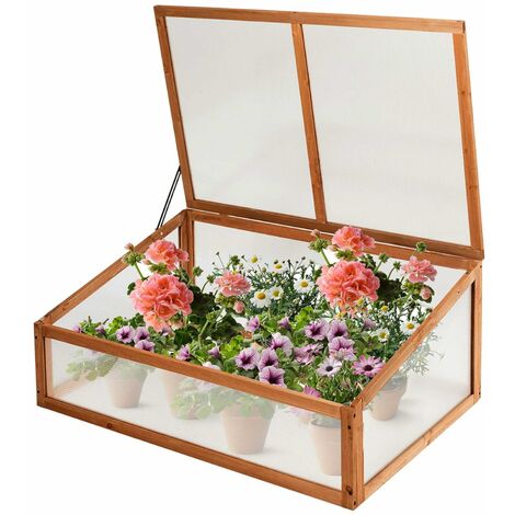 GOPLUS Serre en Bois avec Vitrages Transparents Amovible en Polycarbonate, avec Ouverture Inclinee, Serre pour Plantes et Legumes pour Balcon Terrasse Jardin (100 x 65 x 40 cm)