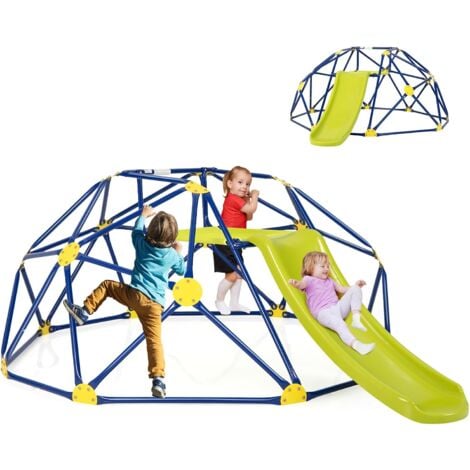 GOPLUS Set 2 in 1 di Cupola Arrampicata e Scivolo, Scala di Arrampicata Geometrica in Metallo Stabile con Capacità di Carico di 150 KG, Area Giochi Esterna e Interna per Bambini 3+ Anni (Giallo)