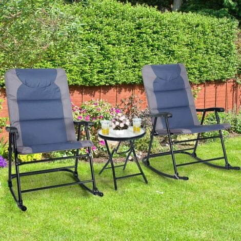GOPLUS Set 2 Sedie e Tavolino da Balcone, 2 Sedie a Dondolo, Sedile in Cotone Morbido e Tessuto, Schienale Ergonomico, Design Pieghevole, Ideale per Interno ed Esterno (Stile 1)