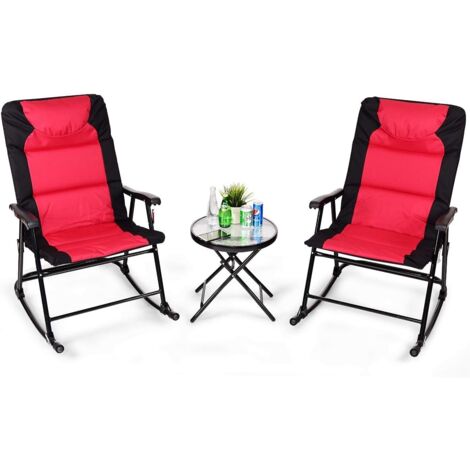 GOPLUS Set 2 Sedie e Tavolino da Balcone, 2 Sedie a Dondolo, Sedile in Cotone Morbido e Tessuto, Schienale Ergonomico, Design Pieghevole, Ideale per Interno ed Esterno (Stile 2)