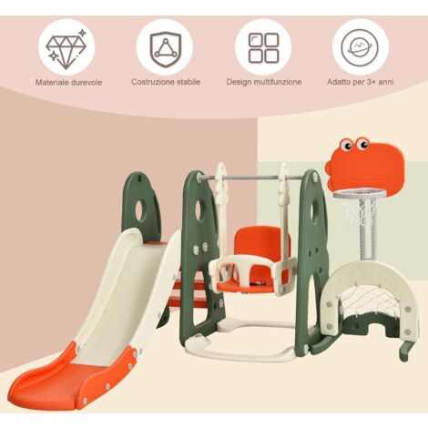 GOPLUS Set Altalena e Scivolo 6 in 1, con Canestro Regolabile, Pallone da Calcio e Golf, Centro Attività con Motivo Dinosauri per 3-8 Anni, Area Giochi Interna ed Esterna (Arancione+Verde)