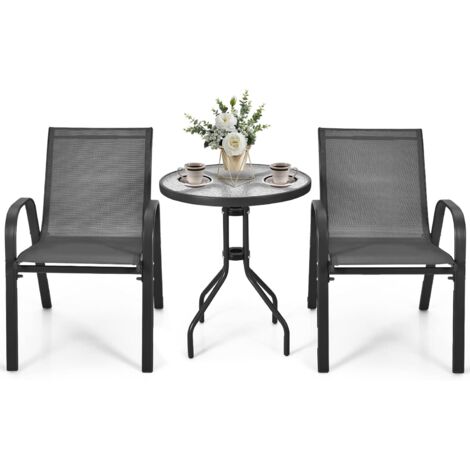 GOPLUS Set Bistro da Esterno 3 Pezzi, 2 Poltrone e 1 Tavolino in Vetro Temprato, Telaio in Acciaio, per Giardino, Cortile, Balcone, Grigio