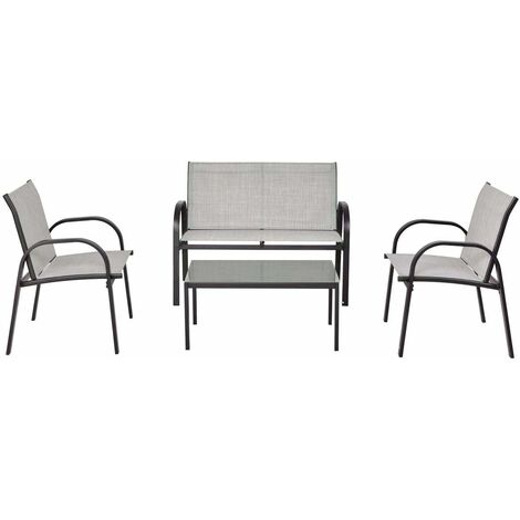GOPLUS Set con 4 Mobili da Giardino in Textilene, con Struttura in Ferro, 2 Sedie Un Divano e Un Tavolo in Vetro, Tavolo Sedia da Giardino, Tessuto a Rete Metallica Traspirante (Grigio)