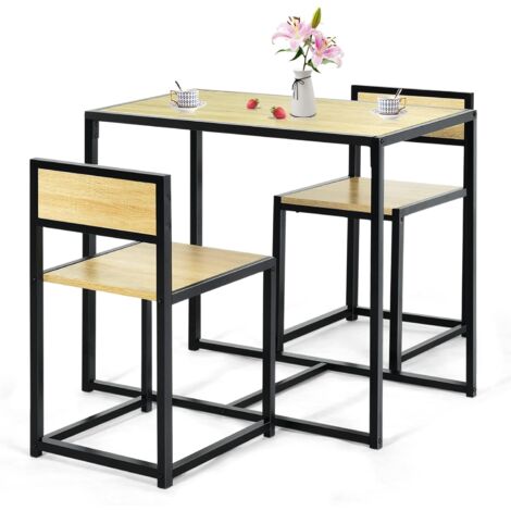 GOPLUS Set da Pranzo 3 Pezzi, Tavolo Alto da Bar con 2 Sgabelli con Schienale, Design Industriale, Set Tavolino per Cucina, Sala da Pranzo (Naturale)